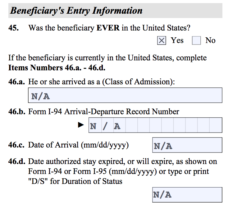 Beneficiary Entry Information. Questions 46.a - 46.d.